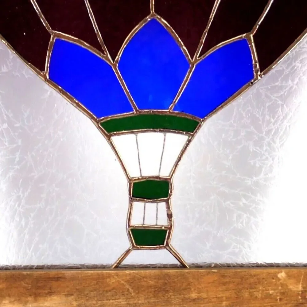 Rainbow Hot Air Balloon Stained Glass Wood Framed Window Panel 13